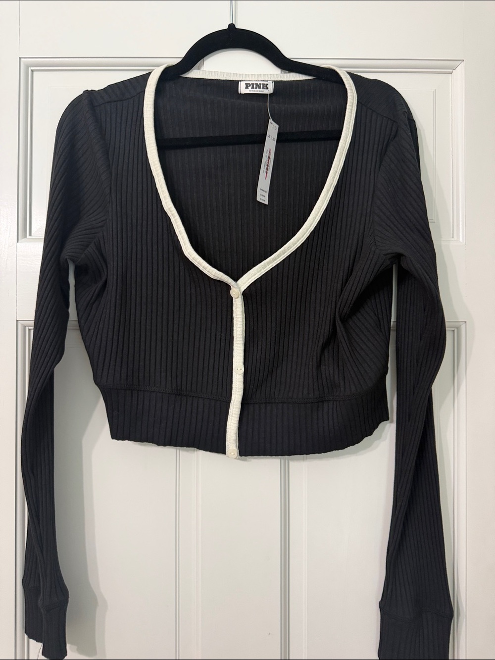 PINK Victoria's Secret Black Ribbed Cropped Cardigan with White Trim XL NWT